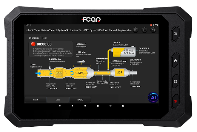 FCAR F9S diagnostic interface showing DPF regeneration